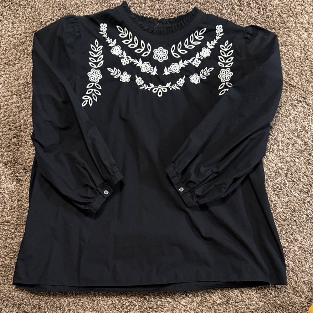 LOFT Black Blouse with White Embroidery